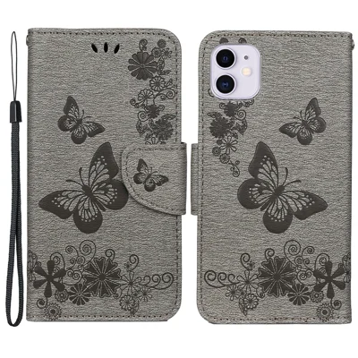 Funda de cartera de piel con diseño de mariposa y flor Imprint para iPhone 11 de 6.1 pulgadas (2019) con soporte plegable - Gris