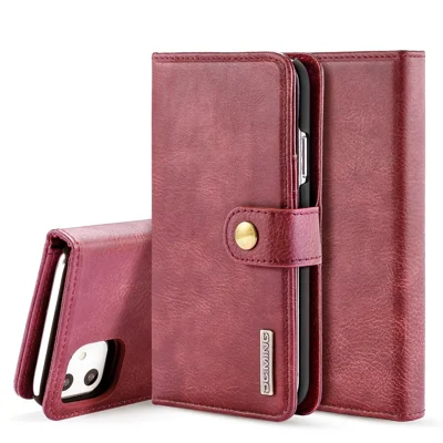 DG.MING Stylish Anti-fingerprint Easy Detechable Split Leather Wallet Flip Folio Case Stand Shockproof PC Inner Cover for iPhone 11 6.1 inch (2019) - Wine Red