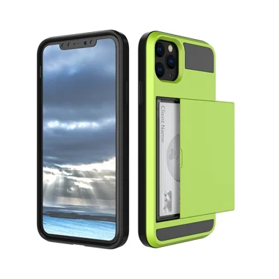 Para iPhone 11 6.1 pulgadas (2019) Soporte de tarjeta deslizante Funda de teléfono móvil híbrida de PC + TPU - Verde fluorescente