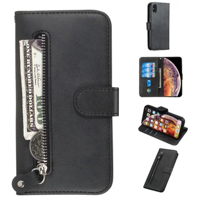 Zipper Pocket Leather Stand Case with Card Slots for iPhone XS/X 5.8 inch - Black