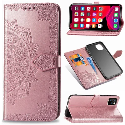 Embossed Mandala Flower Wallet Leather Stand Case for iPhone 11 Pro Max 6.5 inch (2019) - Rose Gold
