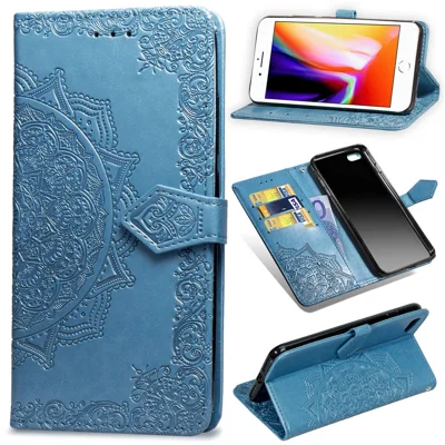 Étui portefeuille en cuir à motif mandala en relief pour iPhone SE (2020)/SE (2022)/8/7 - Bleu