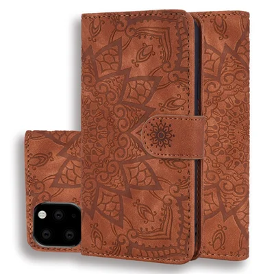 Imprint Mandala Flower Stand Wallet Leather Case Shell Cover for iPhone 11 6.1-inch (2019) - Brown
