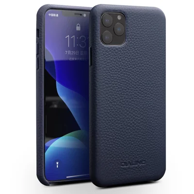 QIALINO for iPhone 11 Pro Max 6.5-inch Case Genuine Leather Litchi Texture Phone Back Cover - Dark Blue
