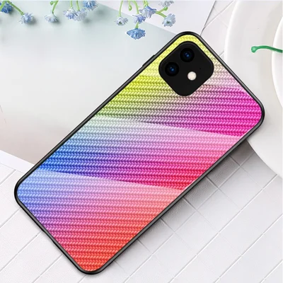 Carbon Fiber Texture Tempered Glass + PC + TPU Hybrid Phone Cover for iPhone 11 6.1 inch (2019) - Colorful Fiber