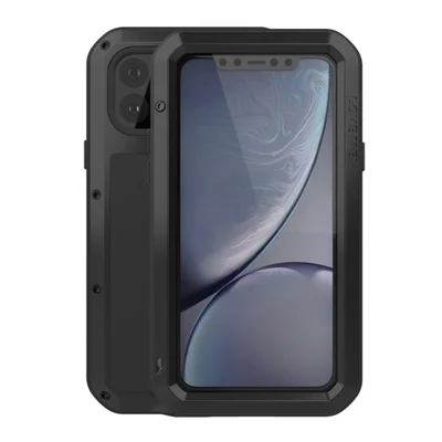 LOVE MEI Metall- + Silikon-Handyhülle mit gehärtetem Glasfolie, stoßfest, fallgeschützt, für iPhone 11 Pro 5,8 Zoll – Schwarz