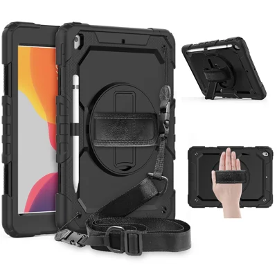 Per iPad 10.2 (2020) / (2019) Custodia Protettiva 360° Ruotabile con Supporto, Cover in PC + Silicone con Cinghia da Polso e Tracolla - Nero Totale