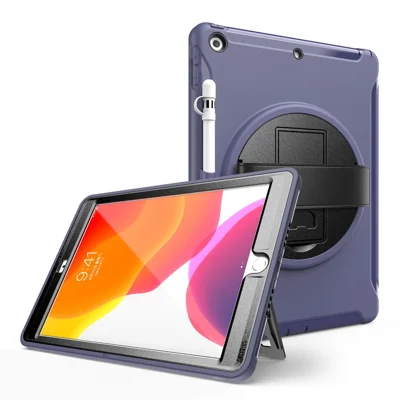 360° Swivel Kickstand PC + TPU Tablet Back Shell with Hand Strap for iPad 10.2 (2021)/(2020)/(2019) - Blue