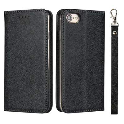 For iPhone 7 / 8 / SE (2020) / SE (2022) 4.7 inch Silk Texture Leather Wallet Stand Phone Case Cover - Black