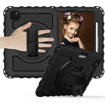 For iPad Pro 11-inch (2022) / (2021) / (2020) 360-degree Swivel Handy Strap Kickstand PC Silicone Tablet Shell with Shoulder Strap - All Black