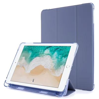 For iPad 9.7-inch (2018) Shockproof Anti-Scratch Cover Tri-Fold Stand Leather Tablet Case with Pen Slot - Purple