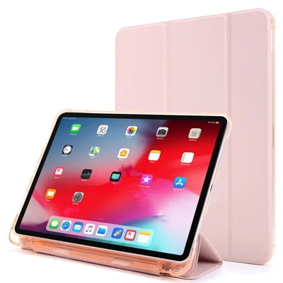 For iPad Pro 11-inch (2022) / (2021) / (2020) / (2018) Tri-fold Stand Leather Tablet Cover Case with Pen Slot - Pink