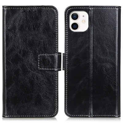 For iPhone 12 / 12 Pro 6.1 inch Crazy Horse Texture Vintage Leather Wallet Case Magnetic Shockproof Protective Cover with Stand Function - Black