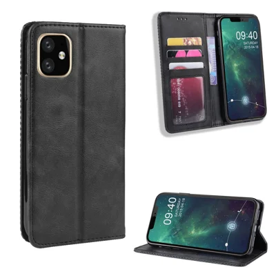 Auto-absorbierte Retro-PU-Lederhülle für iPhone 12 Pro Max 6,7 Zoll - Schwarz