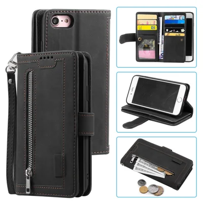Funda de cartera de piel con cremallera y 9 ranuras para tarjetas para iPhone 6s/6 - Negro