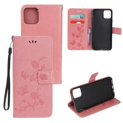 Imprint Butterfly Flowers Leather Wallet Phone Case for iPhone 12 - Pink