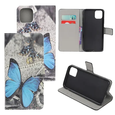 Pattern Printing Leather Wallet Case for iPhone 12 mini - Blue Butterfly