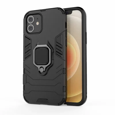 Cool Guard Finger Ring Kickstand PC + TPU Hybrid Shell for iPhone 12 Pro/12 - Black