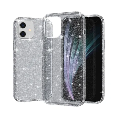 For iPhone 12 6.1 inch Glittery Powder Clear Case Hard PC Soft TPU Shockproof Transparent Sparkly Cover - Grey