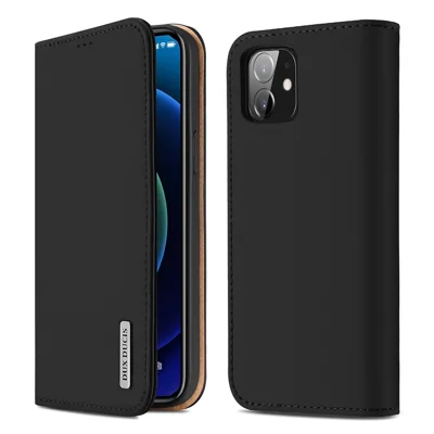 DUX DUCIS Wish Series Genuine Leather Phone Cover with Wallet Stand Functions for iPhone 12 Pro / 12 6.1 inch - Black