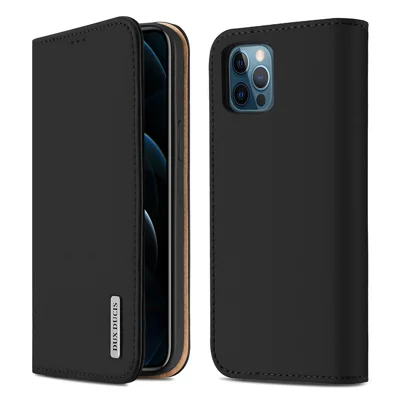 DUX DUCIS Wish Series Genuine Leather Phone Casing with Wallet and Stand for iPhone 12 Pro Max 6.7 inch - Black