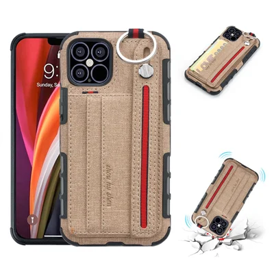 SHOUHUSHEN Card Holder Cloth Coated PC TPU Hybrid Cover Accessory for iPhone 12 Pro Max 6.7-inch - Brown