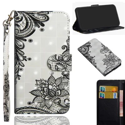 Light Spot Decor Pattern Printing Wallet Stand Leather Shell with Strap for iPhone 12 Pro/12 - Lace Flower
