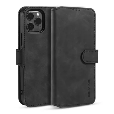 DG.MING Retro Style Leather Wallet Shell for iPhone 12 Pro/12 - Black