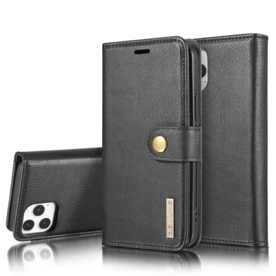 DG.MING Afmonterbar 2-i-1 Splejs Læder Wallet Shell + PC Bagside Case Anti-skramme Telefon Shell Beskyttelse til iPhone 12 Pro / 12 - Sort