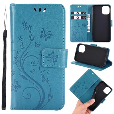 Imprint Butterfly Flower Leather Case with Strap for iPhone 12 mini - Blue