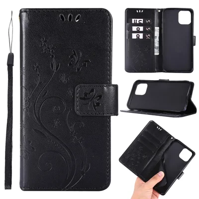 Imprint Butterfly Flower Leather Cover with Wallet for iPhone 12 Pro/12 - Black