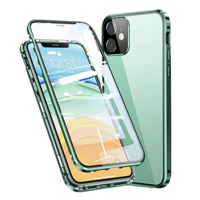 Marco de metal magnético para instalación antirayado multicolor + Funda de teléfono con cobertura total de cristal templado para iPhone 11 6.1 pulgadas - Verde