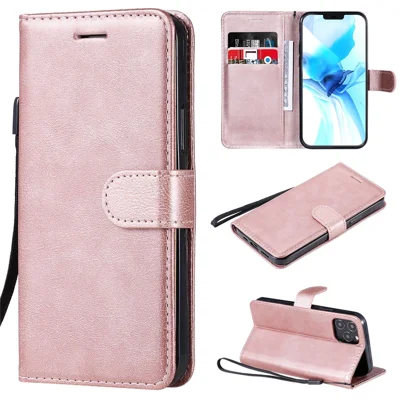 For iPhone 12 Pro Case Solid Color Leather Mobile Cover Wallet Stand with Strap - Rose Gold