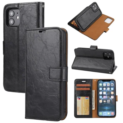 Crazy Horse Skin Unique Leather Case Cover for iPhone 12 Pro/12 - Black