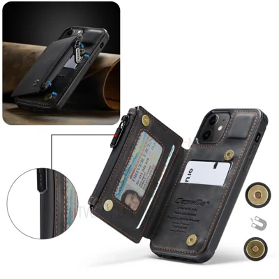 CASEME C20 Series RFID Blocking Card Slot Holder Magnetic Zipper PU Leather Wallet Kickstand Protective Case for iPhone 12 / 12 Pro 6.1 inch - Black
