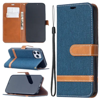 Color Splicing Jeans Cloth Texture Leather Shell for iPhone 12 Pro/12 - Dark Blue