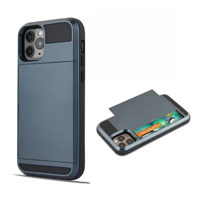Sliding with Card Holder Plastic + TPU Cover for iPhone 12 mini - Dark Blue