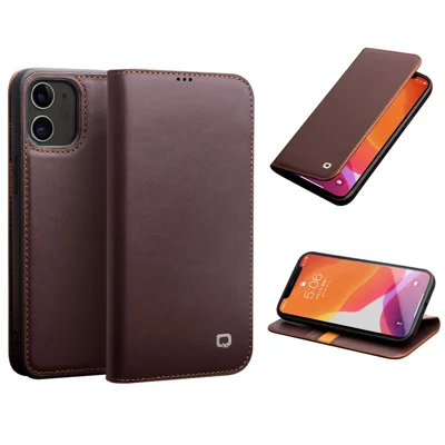 QIALINO For iPhone 12 Pro 6.1 inch / 12 6.1 inch Wallet Case Stand Genuine Cow Leather Flip Phone Cover - Brown