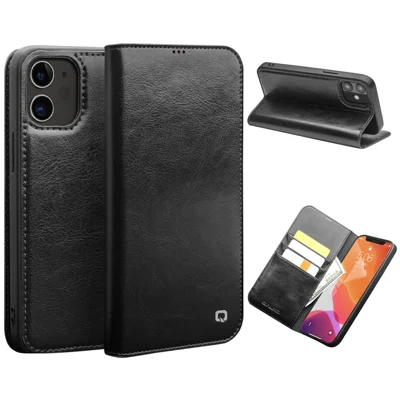 QIALINO For iPhone 12 mini 5.4 inch Genuine Cowhide Leather Case Wallet Stand Phone Cover - Black