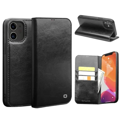QIALINO For iPhone 12 / 12 Pro Genuine Cow Leather Wallet Case Folio Book Stand Flip Phone Cover - Black