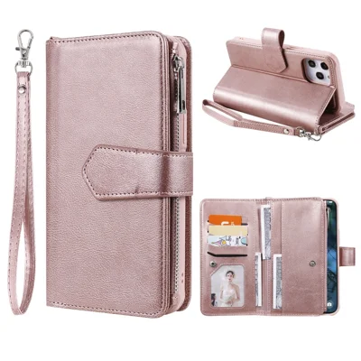 For iPhone 12 Pro Max Magnetic Leather Case Mobile Cover with Detachable Zipper Wallet Strap - Rose Gold