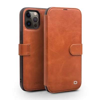 QIALINO For iPhone 12 Pro Max 6.7 inch Magnetic Clasp Cowhide Leather Wallet Case Stand Cover - Light Brown