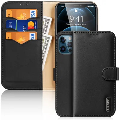 DUX DUCIS Hivo Series For iPhone 12 / 12 Pro Adjustable Stand Wallet Case Split Leather Flip Phone Cover - Black