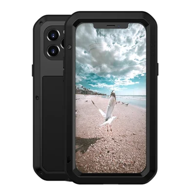 LOVE MEI Metall- + Silikon-Stoßfester, Tropfsicherer, Staubsicherer Case mit Gehärtetem Glasfilm für iPhone 12 Pro Schutzhülle - Schwarz