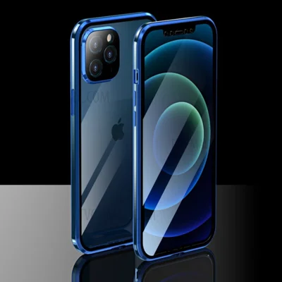 LUPHIE Mobile Phone Bag Cover Plating Magnetic Metal Frame Double-sided Tempered Glass Phone Shell for iPhone 12 Pro Max - Blue