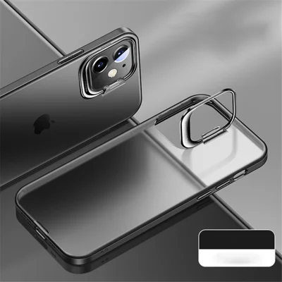 New Style Matte Plastic+TPU Edge Phone Case with Concealed Kickstand for iPhone 12 / 12 Pro - Black