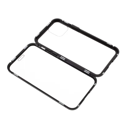 Dobbelt-sidede hårdstyrede glas med metalramme, magnetisk fuld dækning telefonbeskytning til iPhone 12 / 12 Pro - Sort