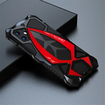 LUPHIE Sports Car Design Metal + Silicone + Tempered Glass Screen Film Full Protection Cover for iPhone 12 mini - Red