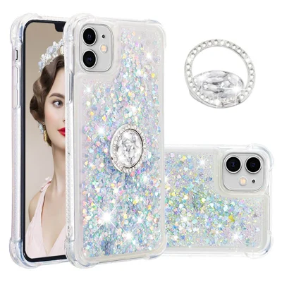 Drop-proof Glitter Quicksand Ring Kickstand TPU Phone Protective Shell for iPhone 11 6.1 inch - Light Green