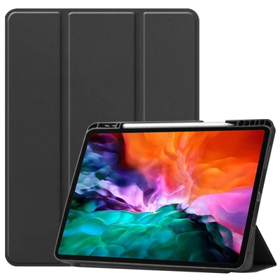 Anti-fingerprint Tri-fold Stand PU Leather Tablet Cover Smart Case with Pen Slot for Apple iPad Pro 12.9-inch (2021) - Black